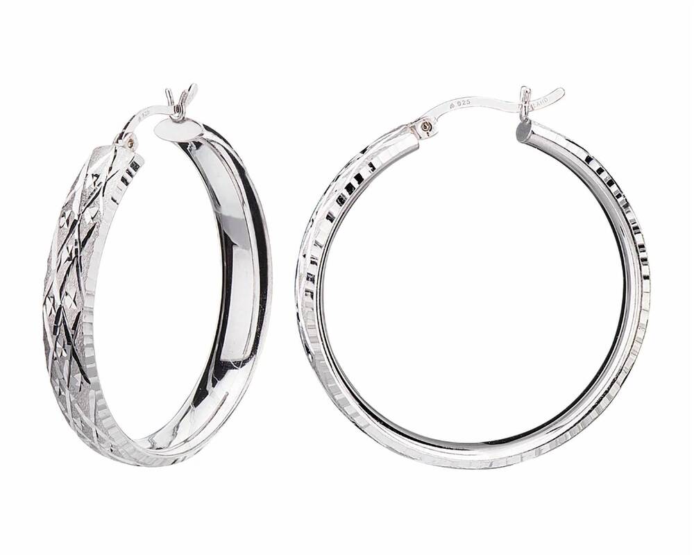 NEW GOLD & HONEY women's rhodium plated diamond cut deco hoop earrings in silver